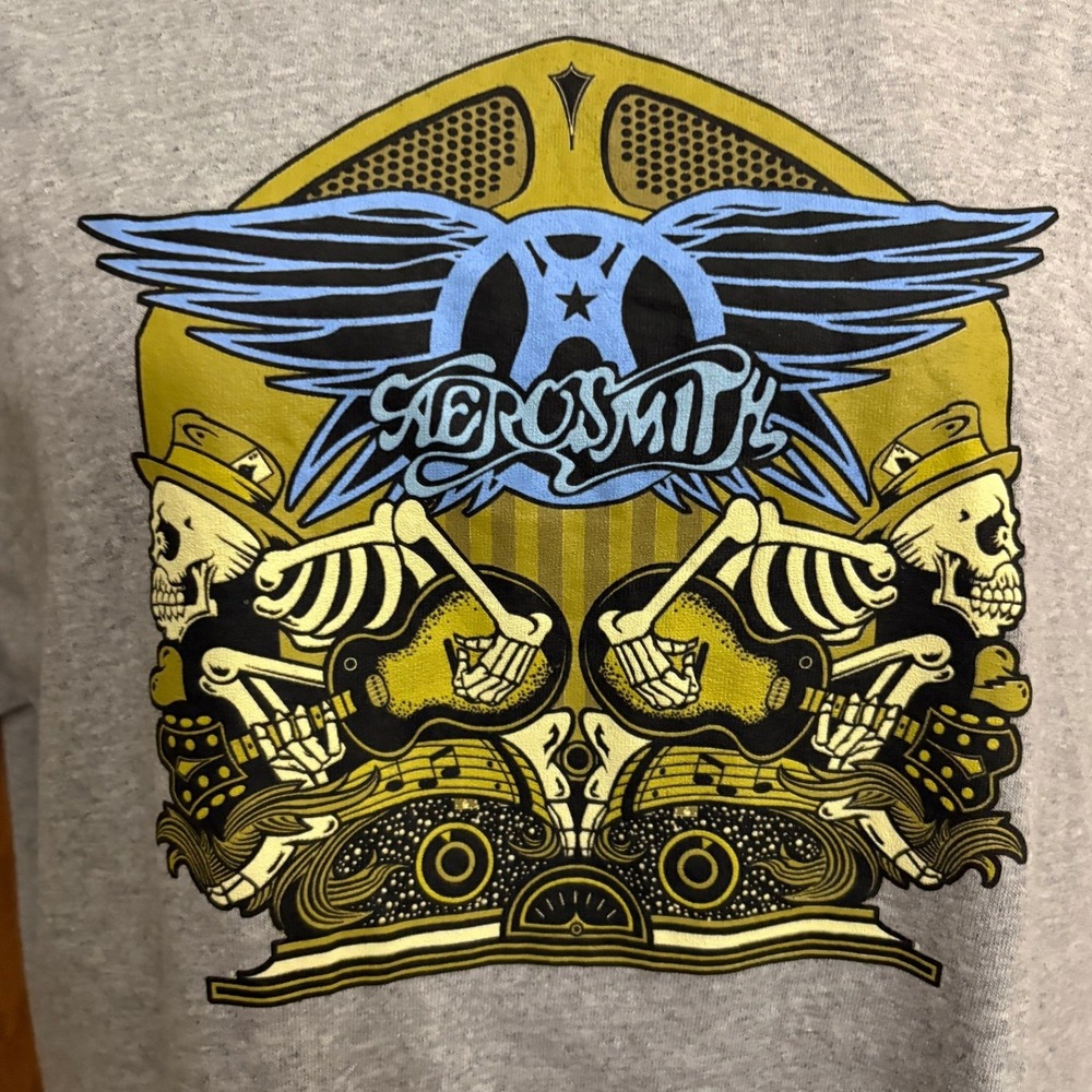 Aerosmith Graphic T-Shirt Mens Gray Skeleton Rock Band Logo Short Sleeve Tee